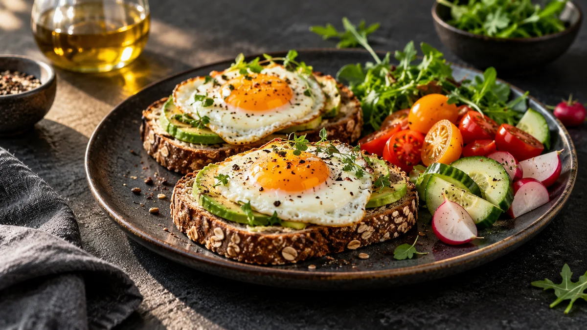 Einfache Mahlzeit aus Vollkornbrot, Ei und Gemüse